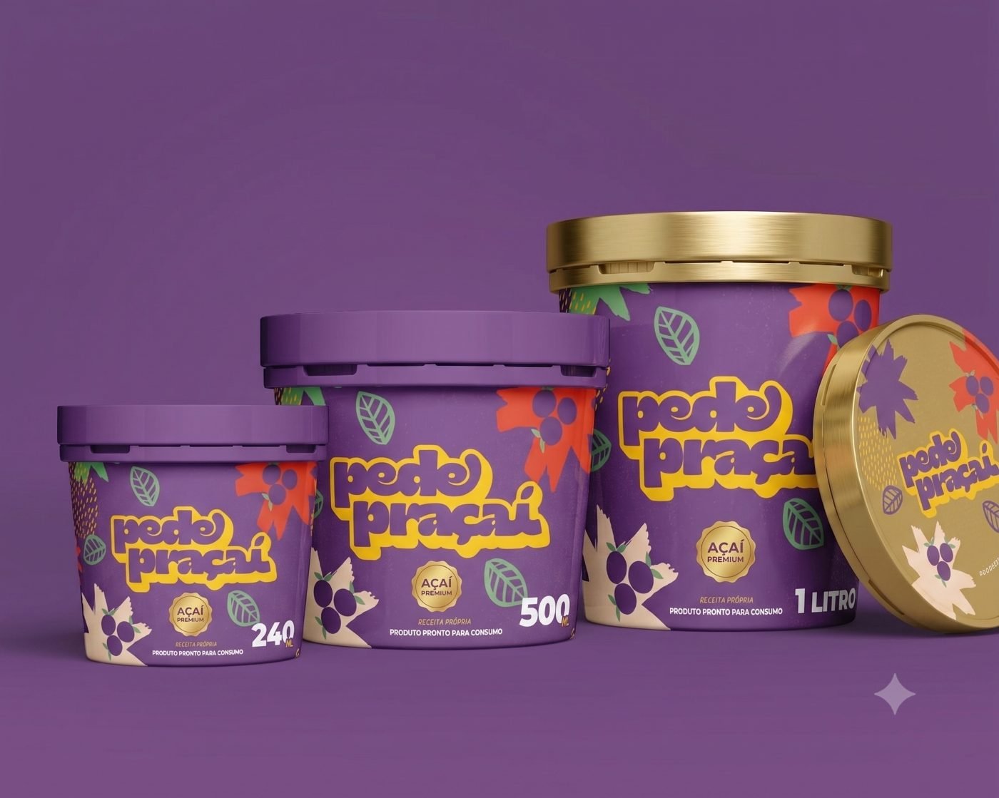 Potes de açaí Pede Praçaí Premium nos tamanhos 240ml, 500ml e 1L