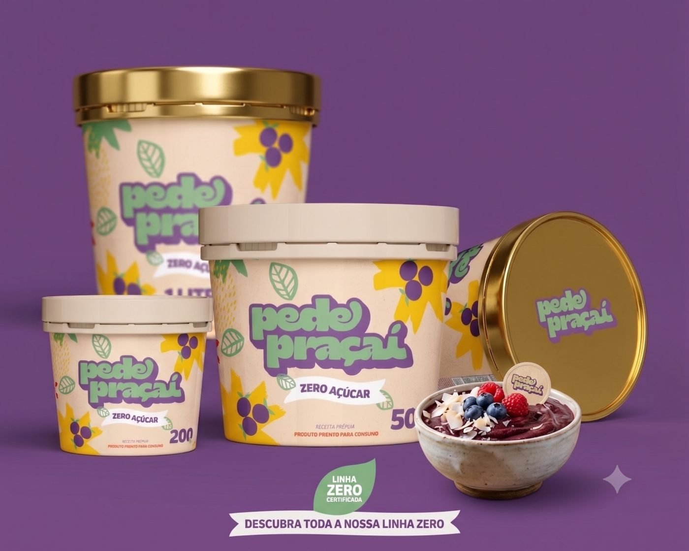 Linha Zero — potes de açaí creme nos tamanhos 240ml, 500ml e 1L